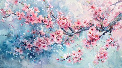Bold cherry blossoms contrasted with a calming, dreamy watercolor background evoke a sense of spring's awakening