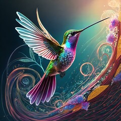 Obraz premium Flowing Harmony: Digital Hummingbird Soaring Through Data Streams