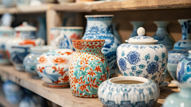 A selection of premium blue and orange pottery pieces neatly displayed, exemplifying the intricate art of ceramics