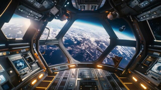 Inside a spaceship with a 3D view of space and planet earth