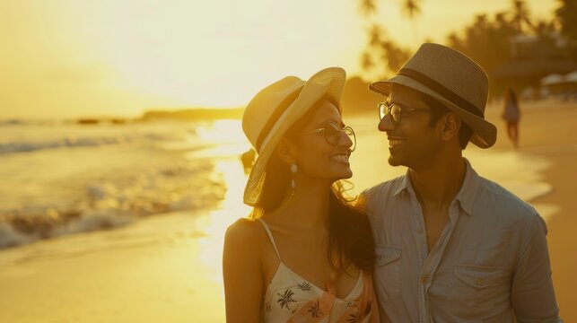 Mumbai Magic: Young Indian Couple Radiating Joy at Beach Resort generative ai