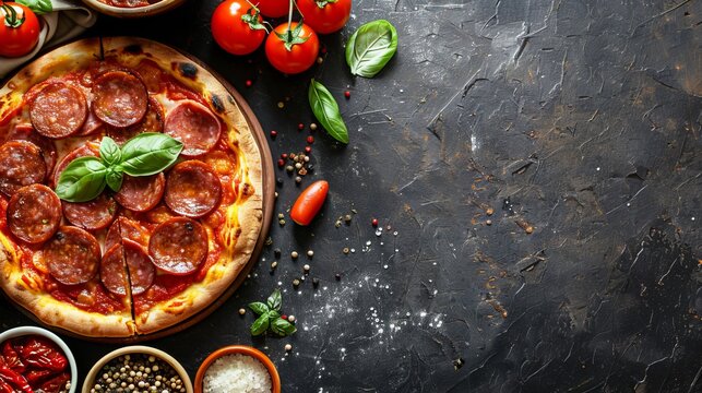 pizza on black field and ingredients around it