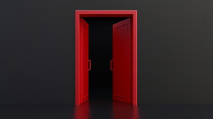 On a black background, a red door is partially open.
