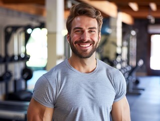 Portrait of a handsome smiling man standing in a gym. AI generative