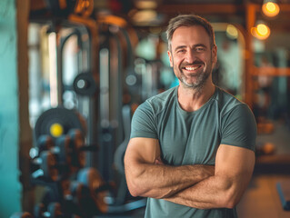 Portrait of a handsome smiling man standing in a gym. AI generative - Powered by Adobe