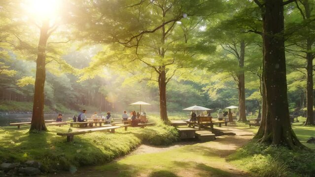 Captivating 4k video footage presenting an inviting park bench rendered with captivating anime style.