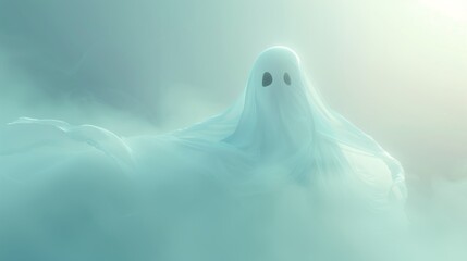 A ghostly figure is suspended in a soft blue mist, exuding a sense of weightlessness and otherworldly presence in this digital artwork. - obrazy, fototapety, plakaty
