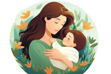 A young woman holds a newborn baby in her arms, hugging and cuddling it, a happy Mother's Day clipart. Illustration.