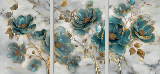 three panel wall art, marble background with golden and silver Teal Flower Plants designs, wall decoration 