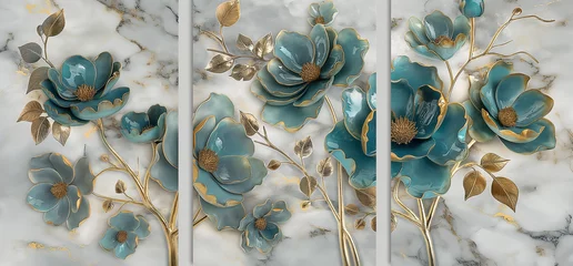 Foto op Plexiglas three panel wall art, marble background with golden and silver Teal Flower Plants designs, wall decoration   © Goodhim