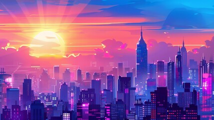 Night view of the mysterious city in purple tone at sunset
