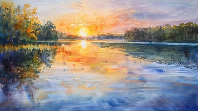 painting sunrise behind the lake