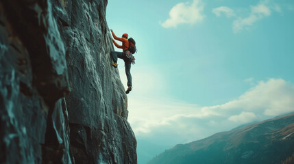 a man is climbing up a mountain - obrazy, fototapety, plakaty