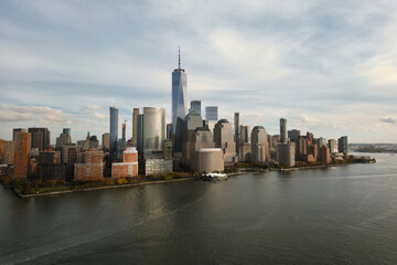 Fototapeta premium NYC skyline. Manhattan view from New Jersey, NYC skyscraper. Drone aerial view of New York City. Big Apple. NYC panorama from Hudson. Cityscape landmark. Lower Manhattan NYC.