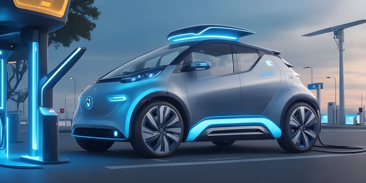 Electric car charging at the charging station. Eco car concept. 3d rendering.