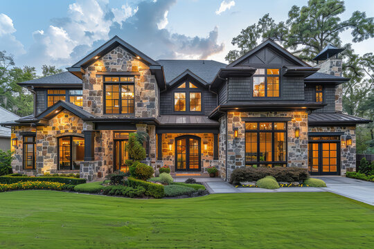 An ultrarealistic photograph captured with a Sony A9, of a large and luxurious house in the traditional style, featuring dark stone exterior walls, wooden accents on windows and doors. Created with Ai