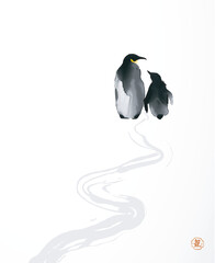 Minimalist ink painting of adult penguine with its chick. Traditional Japanese ink wash painting sumi-e. Hieroglyph - life energy. - 770312382