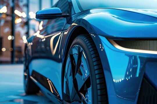 Close-up of a blue electric car's sleek design with futuristic wheels and city lights reflected.