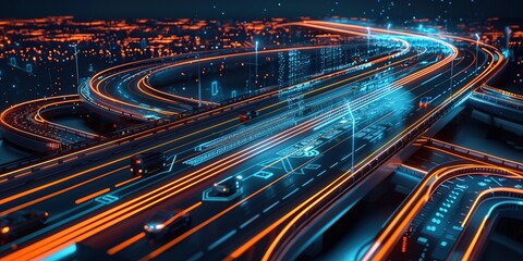 Fototapeta na wymiar Futuristic city highway with illuminated traces of autonomous vehicles at night.