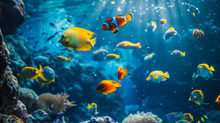 Fototapeta na wymiar underwater coral reef landscape wide panorama background in the deep blue ocean with colorful fish and marine life
