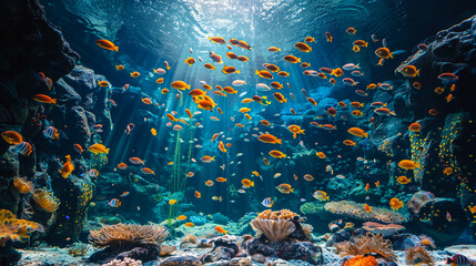 underwater coral reef landscape wide panorama background in the deep blue ocean with colorful fish and marine life