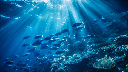 underwater coral reef landscape wide panorama background in the deep blue ocean with colorful fish and marine life