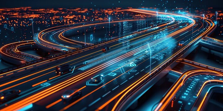 Futuristic city highway with illuminated traces of autonomous vehicles at night.
