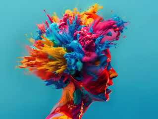 3D clean depiction of a mind in creative overdrive colors bursting from the head in vivid splendor - 770312707