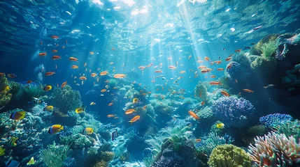 Foto op Canvas underwater coral reef landscape wide panorama background in the deep blue ocean with colorful fish and marine life © MMAJID