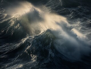 Majestic wave with spray illuminated by sunlight depicting nature's power and beauty.