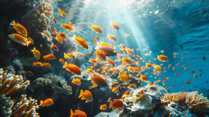 Fototapeta na wymiar underwater coral reef landscape wide panorama background in the deep blue ocean with colorful fish and marine life