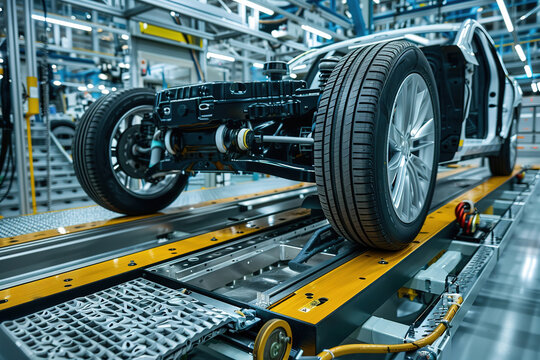 An electric vehicle's chassis and wheel assembly on a modern production line.