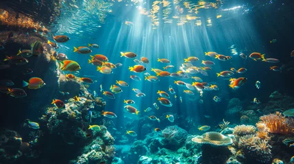 Fotobehang underwater coral reef landscape wide panorama background in the deep blue ocean with colorful fish and marine life © MMAJID