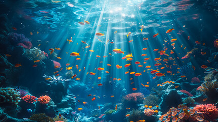 underwater coral reef landscape wide panorama background in the deep blue ocean with colorful fish and marine life - obrazy, fototapety, plakaty
