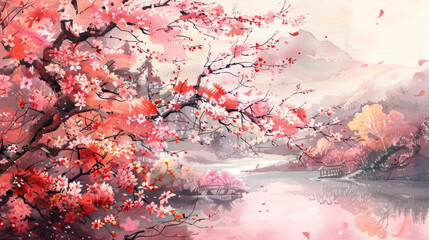 Captivating watercolor depiction of a serene Asian landscape with cherry blossoms and a tranquil river
