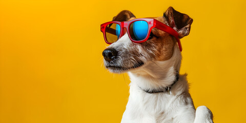A dog portrait wearing sunglasses on yellow background