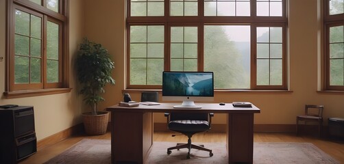 desk, chair, computer, study, sunshine, window