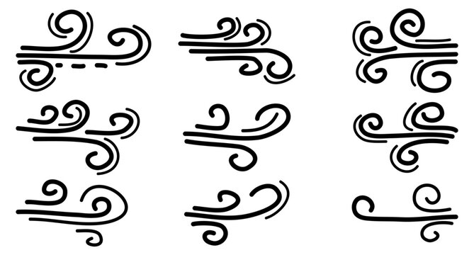 Doodle wind blow, gust design isolated on white background. vector hand drawn illustration