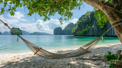 A beachside hammock with a view of the islands A beachside hammock with a view of the islands of the Bacuit Archipelago (El Nido, Philippines). Generative AI - obrazy, fototapety, plakaty