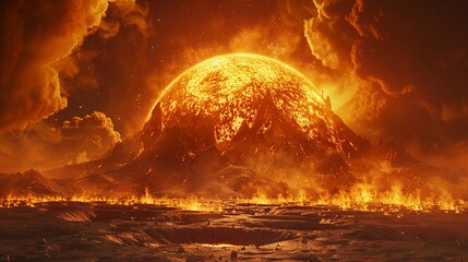 Erupting Volcano, Molten Rock, Roaring Inferno, Lunar Landscape, 3D Render, Backlights, Vignette Effect