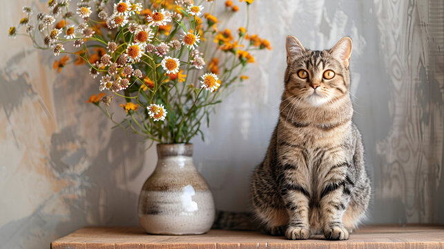 a cat sitting on a table next to a vase of flowers A striped fluffy cat sits on a table next to a vase with hydrangea in the garden. Autumn still life, Generative Ai