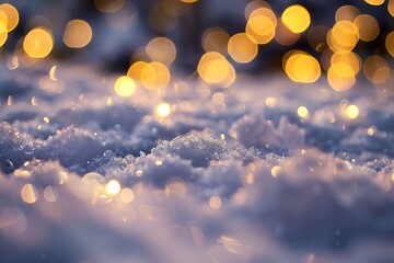 Beautiful background image with small snowdrifts close-up and blurry holiday lights - obrazy, fototapety, plakaty