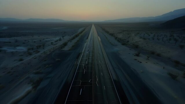 The barren desert stretches out on either side of the highway the silhouettes of cacti and rocks ly visible in the fading light. . AI generation.
