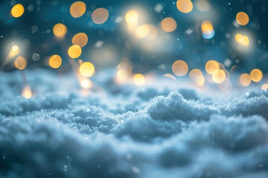 Beautiful background image with small snowdrifts close-up and blurry holiday lights