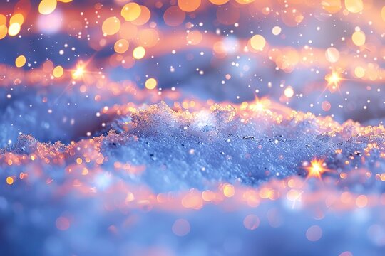 Beautiful background image with small snowdrifts close-up and blurry holiday lights