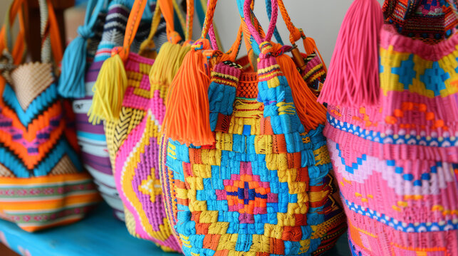 A display of intricately woven colorful bags, with a close-up on the detailed craftsmanship and patterns