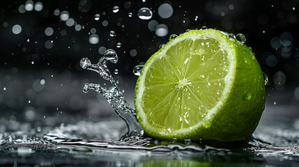 a lime with water splashing around it on a black Lime splash by juice, close-up. Lemon making splash in water, Generative Ai