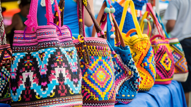 Rows of brightly colored handmade bags on display, indicative of local craftsmanship and culture