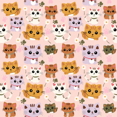 Obraz premium Seamless pattern with kawaii cats on pink background.