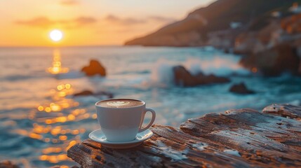 Remote Worker, Coffee Cup, Embracing flexibility, seaside co-working space, waves crashing in the background, Realistic photography, Golden Hour, Depth of Field Bokeh Effect - obrazy, fototapety, plakaty
